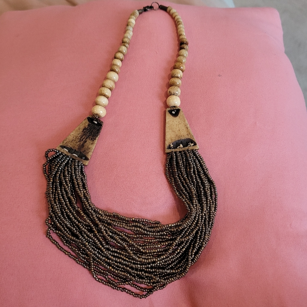 Brown seabeed necklace, wooden beads at top. - Picture 3 of 3